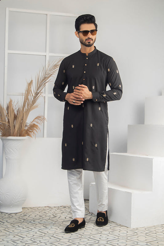 DM 524 Black WIth Gold EMbroided Kurta And Off White Trouser