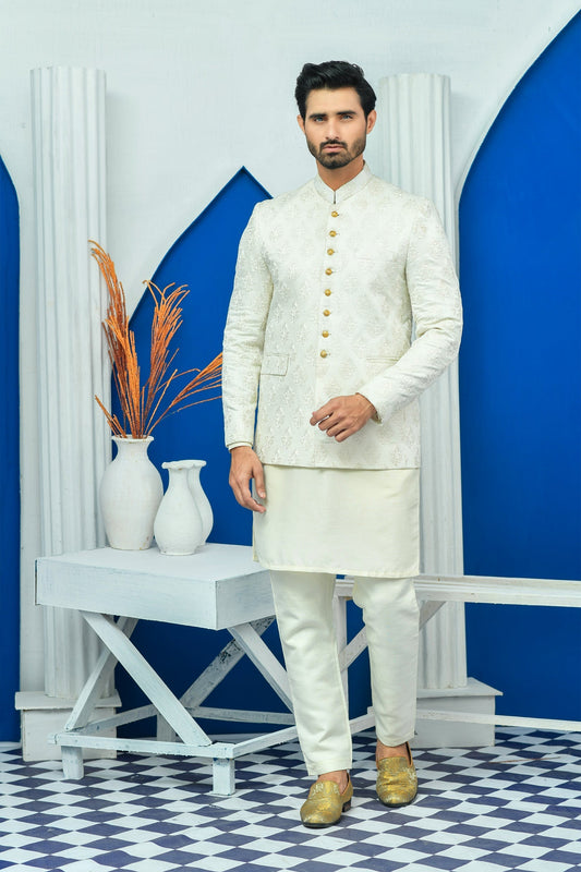 DM PC 2025 White Jamawar Boti Work Prince Coat