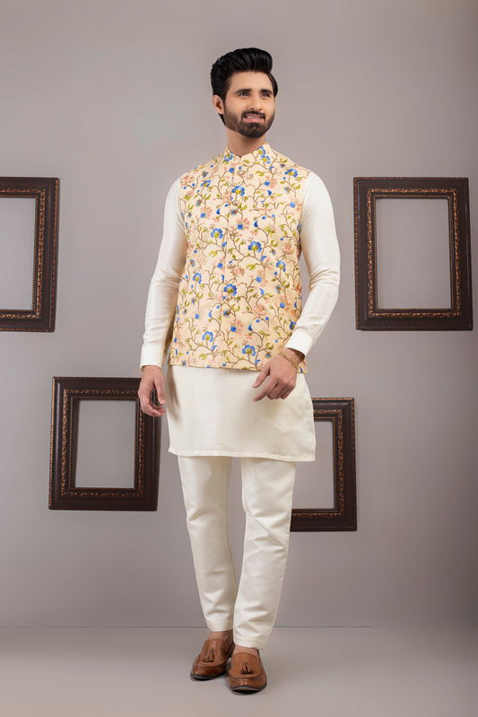 DM WC 1040 Beige Multi embroided Waist Coat