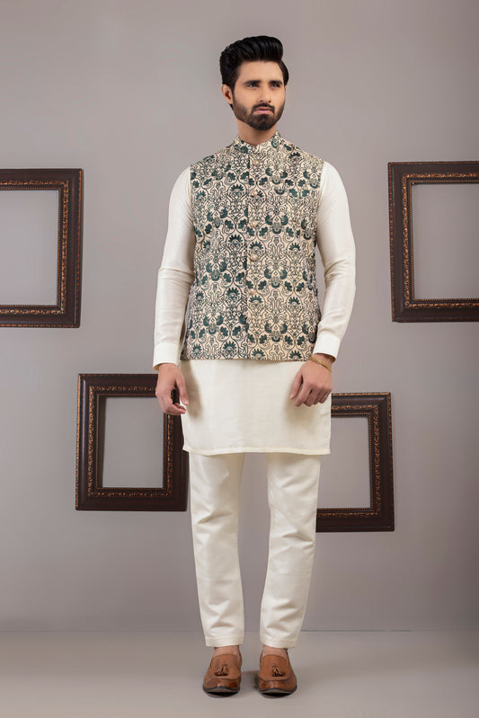 DM WC 1032 Green Beige Elegant Waist Coat
