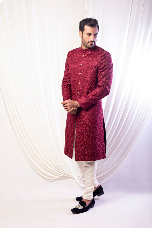 Maroon Self Embroided Sherwani