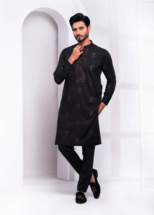 DM EMB 535 Black Extravaganza Wash N Wear With Zari Embroidery Kurta Pajama