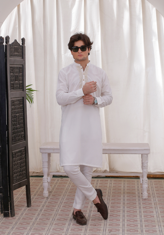 DM 757 White Chikankari Kurta Pajama