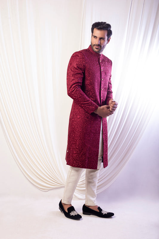 Maroon Self Embroided Sherwani