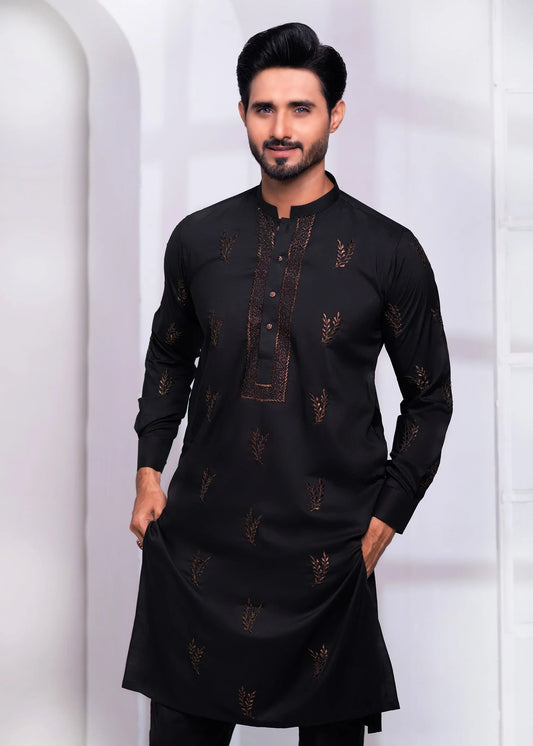 DM EMB 535 Black Extravaganza Wash N Wear With Zari Embroidery Kurta Pajama