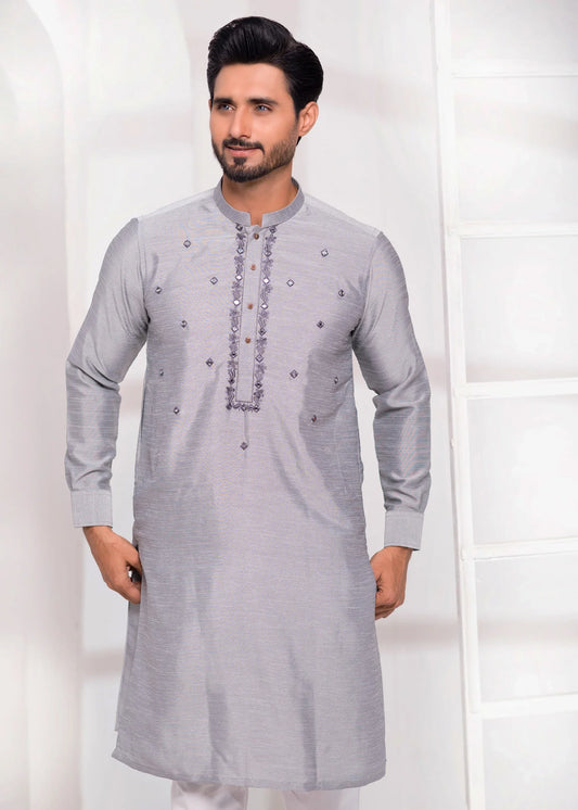 DM EMB 531 Grey Raw Silk Mirror Embroidery Kurta Pajama