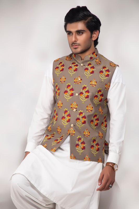 DM WC 1011 Beige Flower embroided Waist Coats