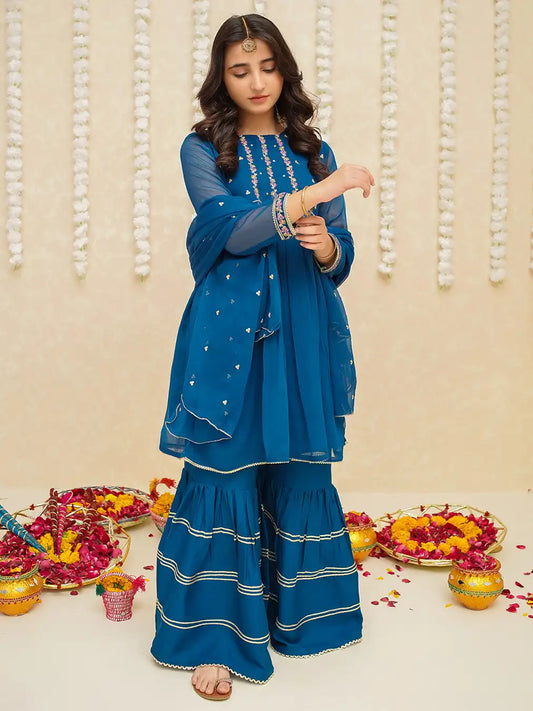 Chiffon 3 Piece Blue Chiffon Suit