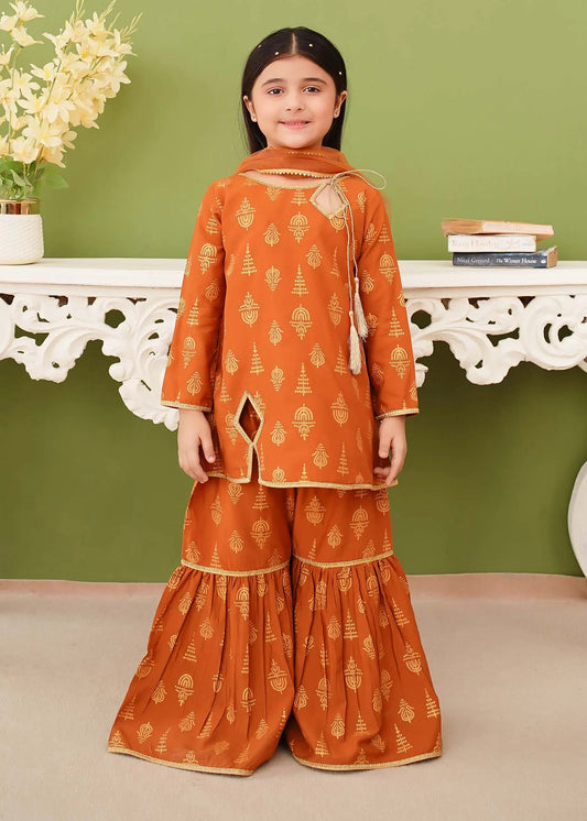 3 Piece Printed Mustard Linen Gharara