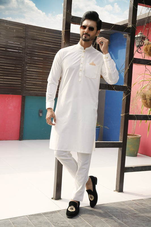 DM 584 Crown Chest Pocket EMb White Kurta Pajama
