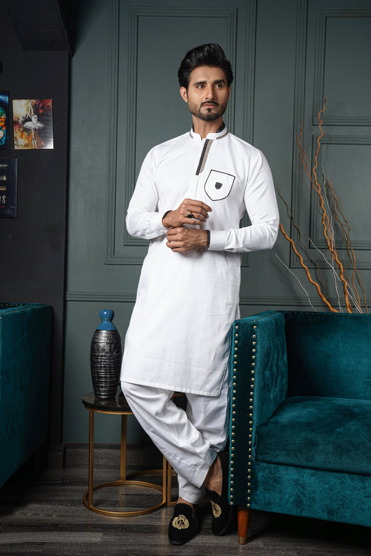 DM 599 White Embelished 4 Season Kurta Pajama For Men