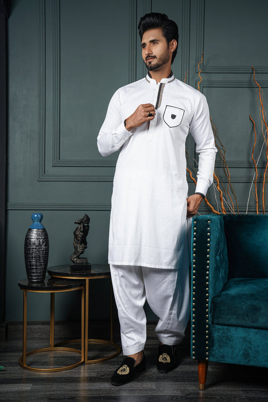 DM 599 White Embelished 4 Season Kurta Pajama For Men