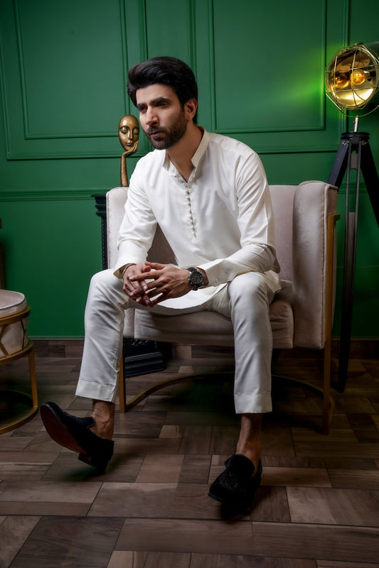 DM 623 White Chinese Colar Loop Button Kurta Pajama