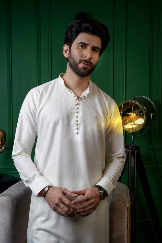 DM 623 White Chinese Colar Loop Button Kurta Pajama