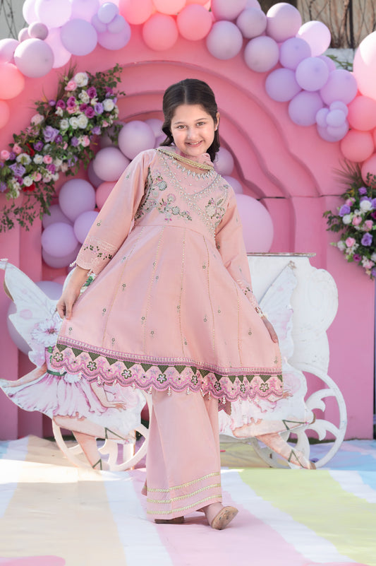 chikankari sequin embroidery A-shirt adorned with crystal and pearl adda work on the neckline finished with hanging tassels