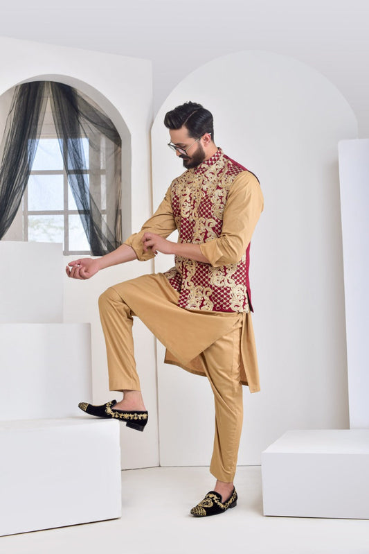 DM WC 1018 Maroon Zari Kasab Embroided Waist Coat