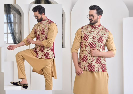 DM WC 1018 Maroon Zari Kasab Embroided Waist Coat