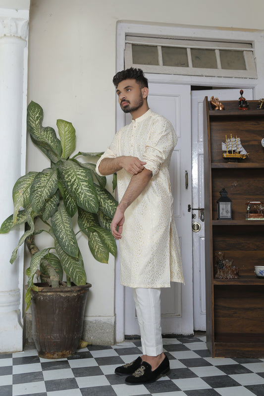 DM Self 564 Self Gold Eid Kurta With White Trouser