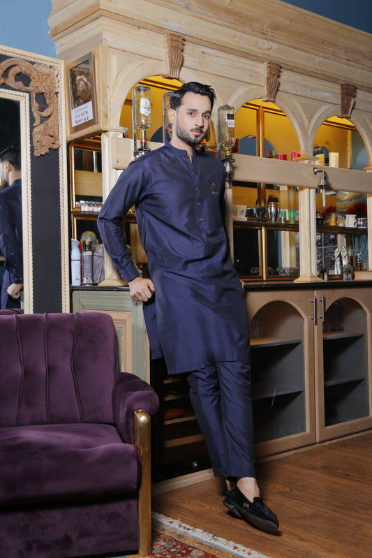 DM 573 Blue Cotton Silk Kurta Pajama With Green Emblishments And Chest Logo