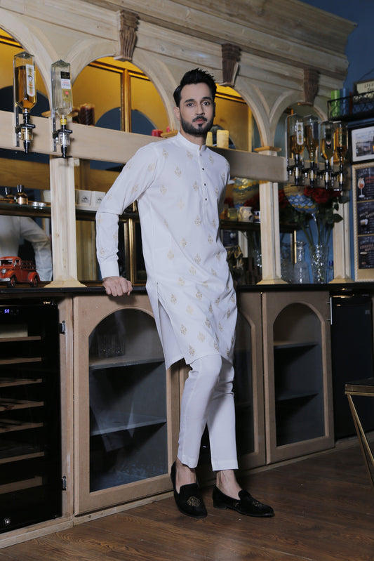 DM570 White Delicated Motif Embroided Kurta Pajama For Men
