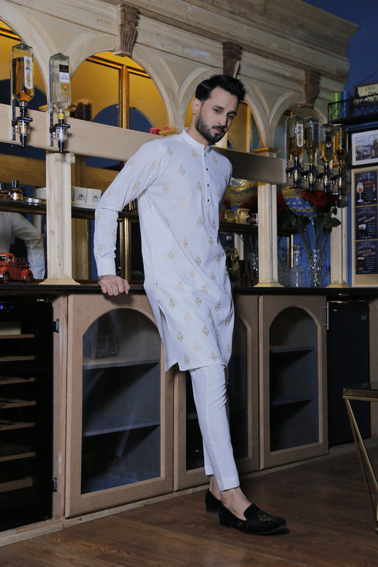 DM570 White Delicated Motif Embroided Kurta Pajama For Men