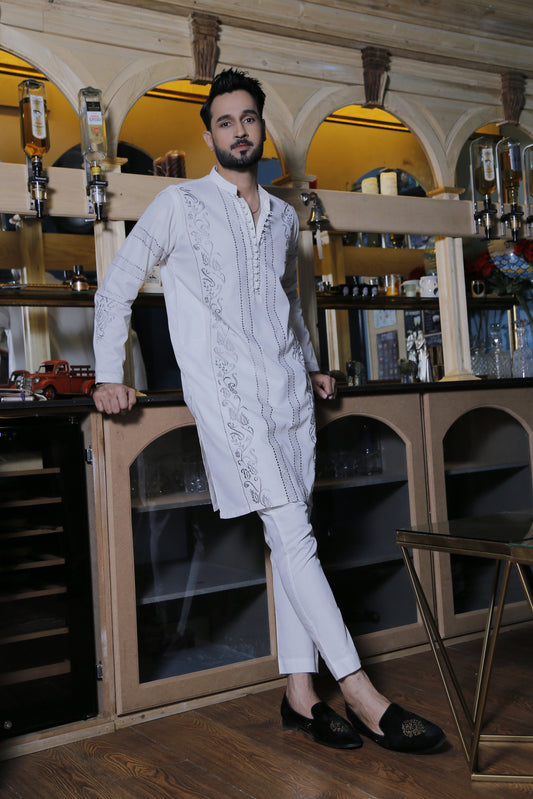 DM 566 White Grey Embroided Designer Kurta Pajam For Men