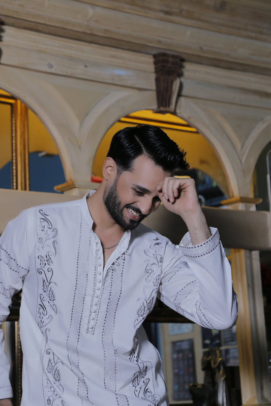 DM 566 White Grey Embroided Designer Kurta Pajam For Men