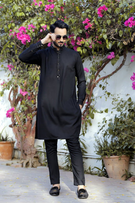 DM 574 Black WnW Emblished Packets Kurta Pajama For Men