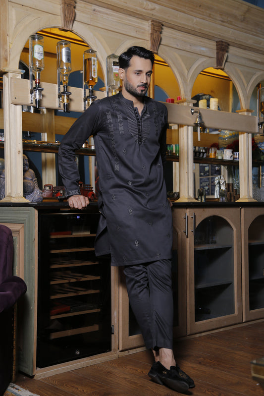DM 569 Grey Shine With Light Grey N Black Combination Embroidery For Men