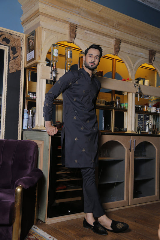 DM 565 Black With Copper Emb Motifs Kurta Pajama For Men