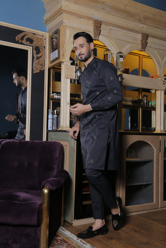 DM 565 Black With Copper Emb Motifs Kurta Pajama For Men