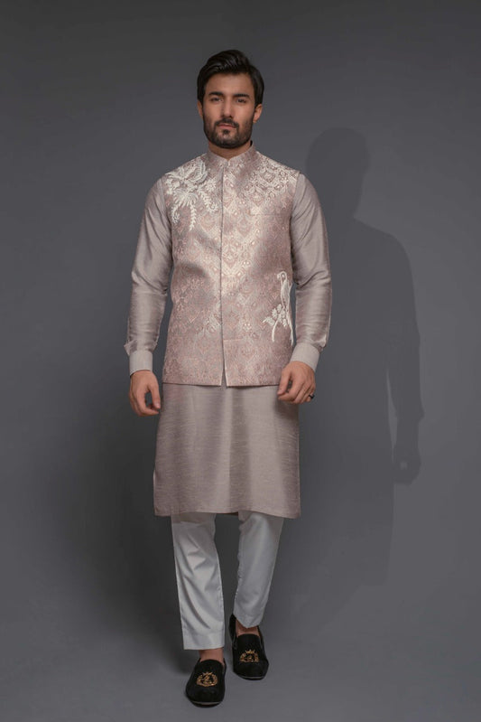 DM 1052 Powder Pink Jamawar Wasit Coat with White Embroidery