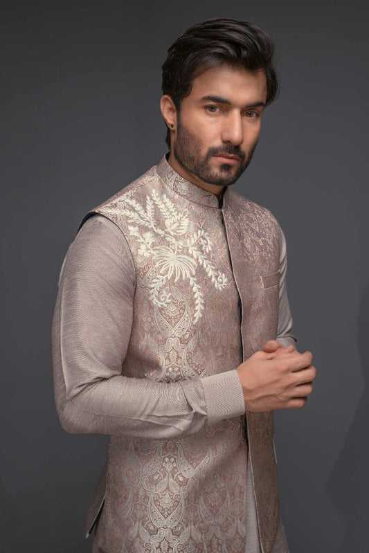 DM 1052 Powder Pink Jamawar Wasit Coat with White Embroidery