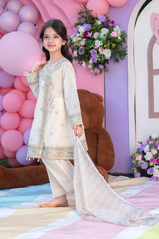 Angrakha-style frock, adorned with intricate sequin embroidery and delicate hanging beads.