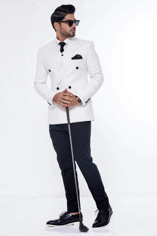 White Double Breasted Coat With BLack Pants