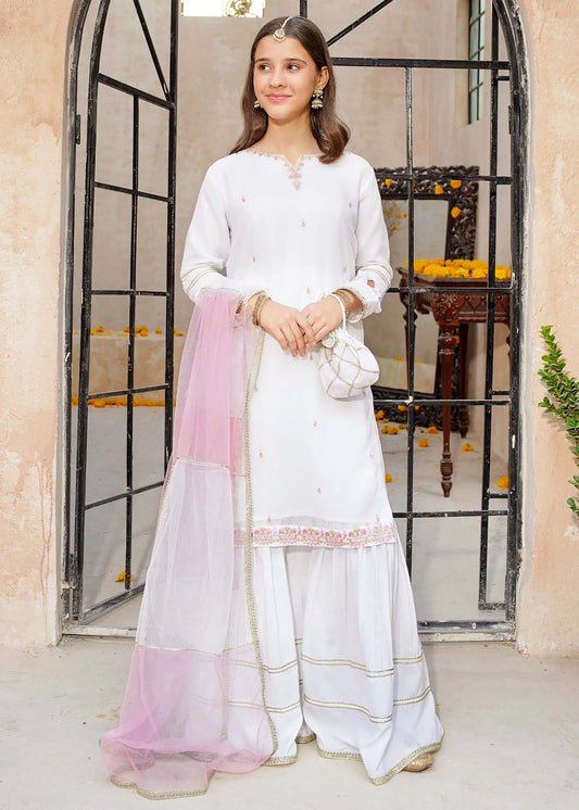 3 Piece White Crinkle Embroidered Gharara